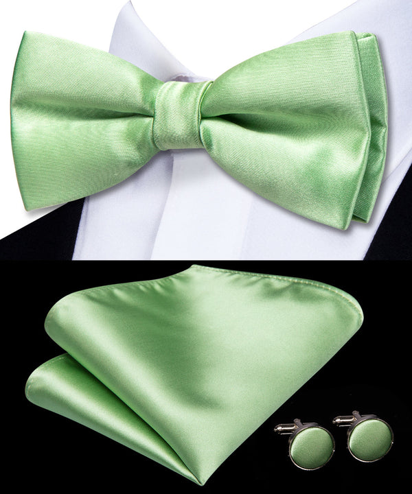 Grass Green Solid Pre-tied Bow Tie Hanky Cufflinks Set