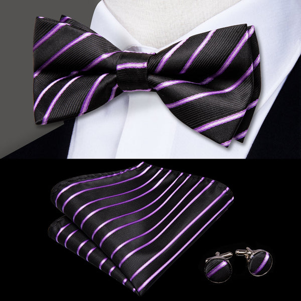 Black Purple Striped Paisley Pre-tied Bow Tie Hanky Cufflinks Set