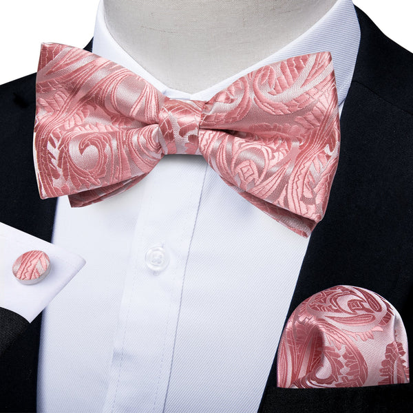 Pink Floral Silk Pre-tied Bow Tie Hanky Cufflinks Set