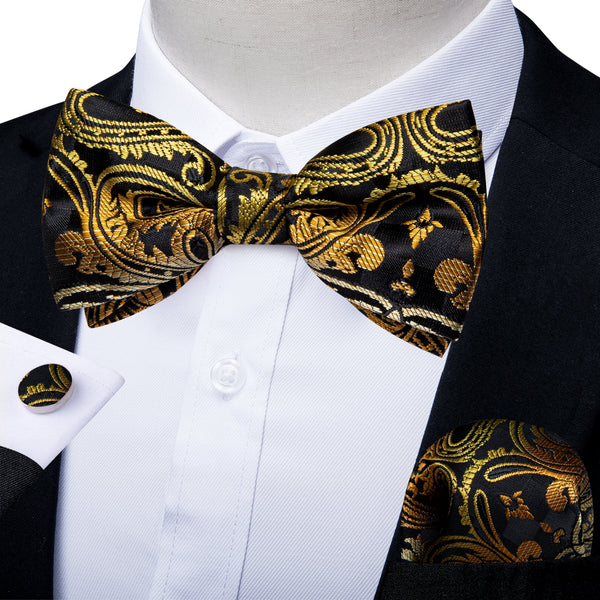 Black Golden Floral Silk Pre-tied Bow Tie Hanky Cufflinks Set