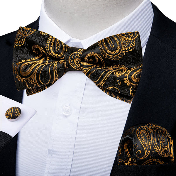Black Golden Paisley Silk Pre-tied Bow Tie Hanky Cufflinks Set