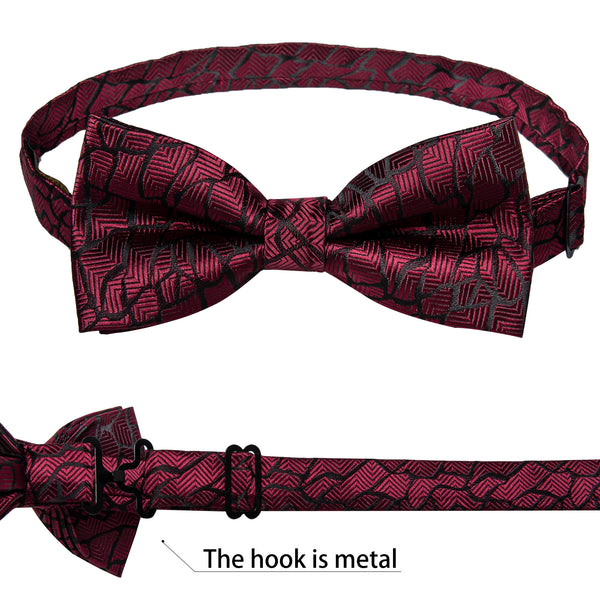 Burgundy Red Novelty Silk Pre-tied Bow Tie Hanky Cufflinks Set