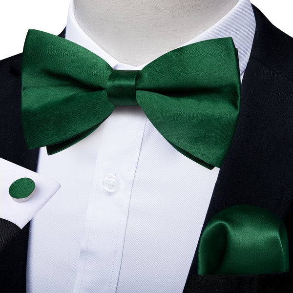 Dark Green Solid Men's Pre-tied Bowtie Pocket Square Cufflinks Set