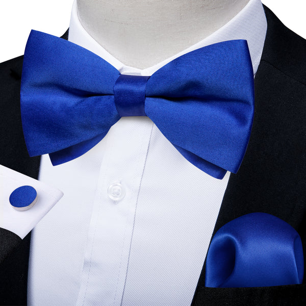 Royal Blue Solid Men's Pre-tied Bowtie Pocket Square Cufflinks Set