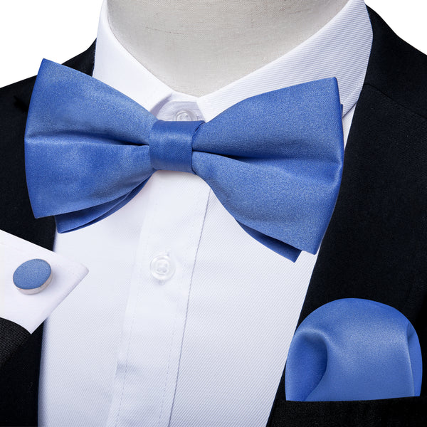 Blue Solid Men's Pre-tied Bowtie Pocket Square Cufflinks Set