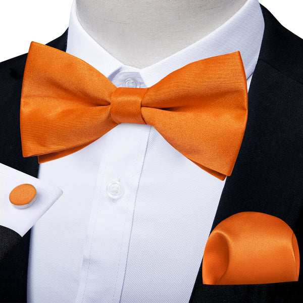 Orange Solid Men's Pre-tied Bowtie Pocket Square Cufflinks Set