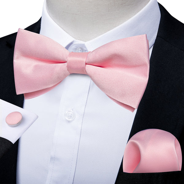 Pink Solid Men's Pre-tied Bowtie Pocket Square Cufflinks Set