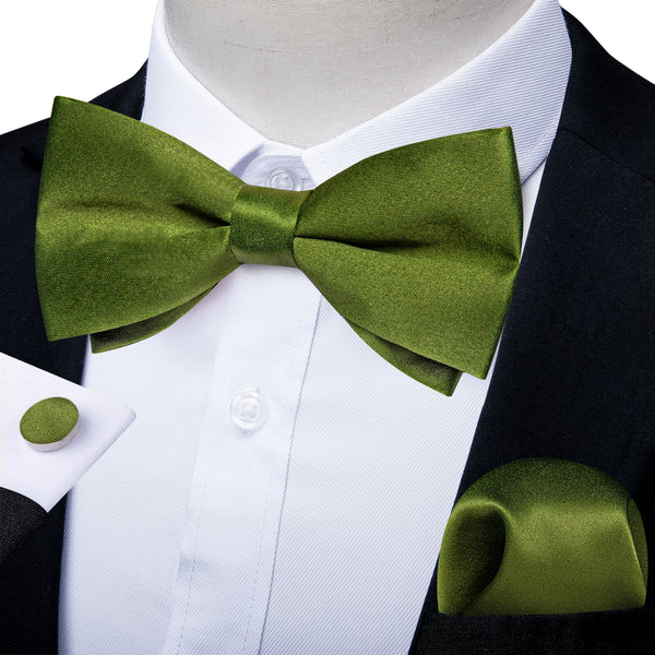 Green Solid Men's Pre-tied Bowtie Pocket Square Cufflinks Set