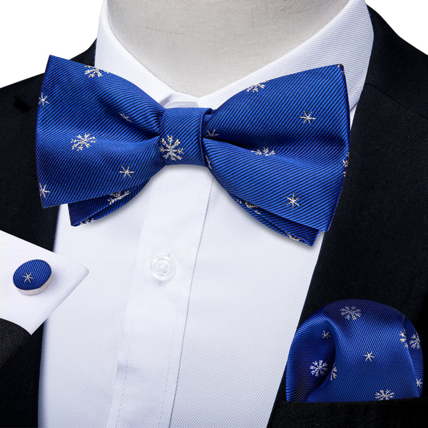Christmas Blue Snowflake Floral Men's Pre-tied Bowtie Pocket Square Cufflinks Set