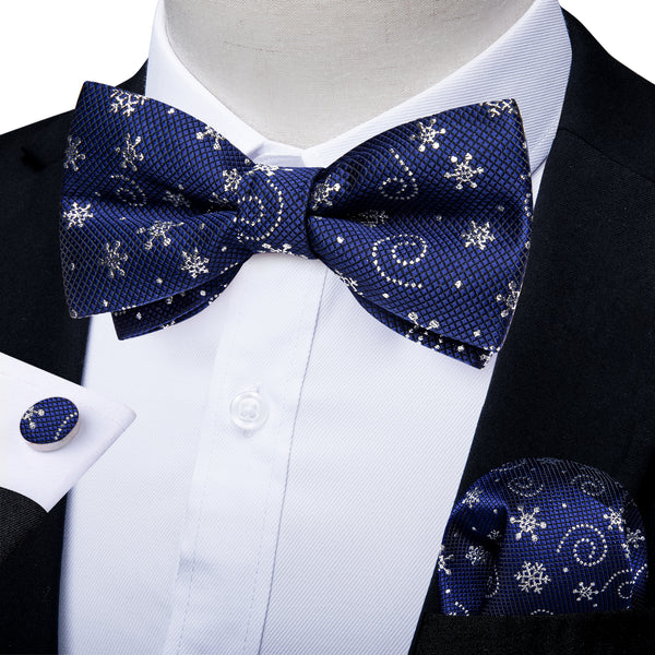 Christmas Dark Blue Snowflake Novelty Men's Pre-tied Bowtie Pocket Square Cufflinks Set