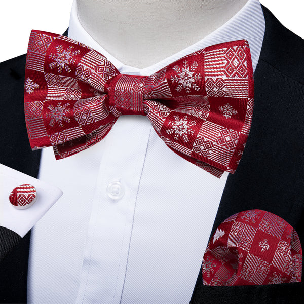 Christmas Red White Snowflake Novelty Men's Pre-tied Bowtie Pocket Square Cufflinks Set