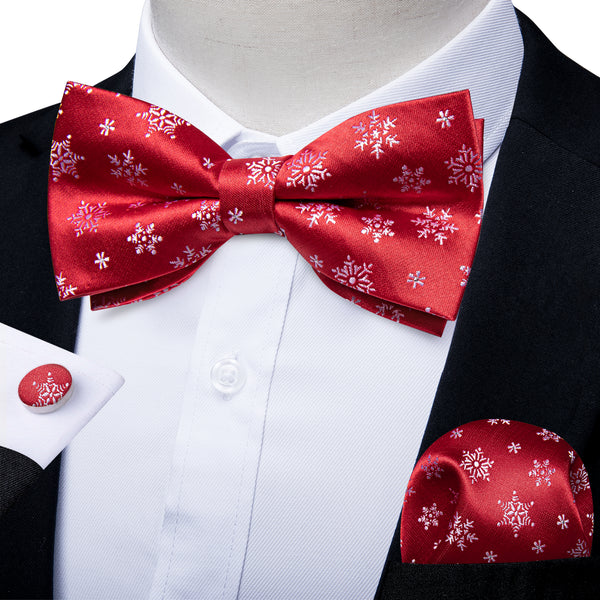 Christmas Red Snow Novelty Men's Pre-tied Bowtie Pocket Square Cufflinks Set