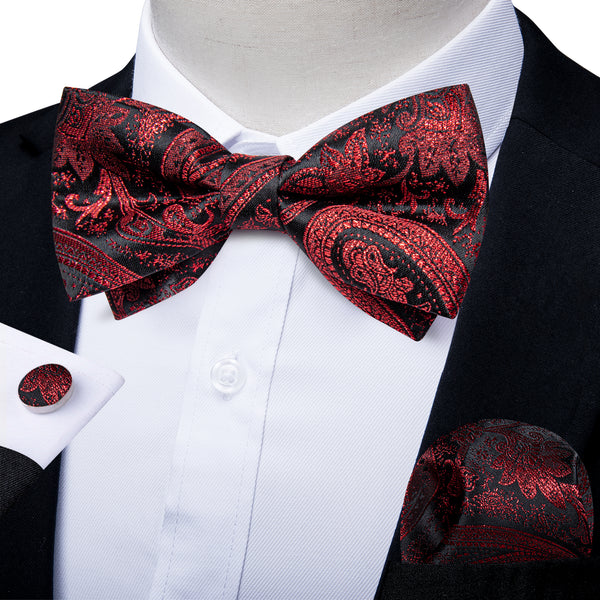 Black Red Paisley Men Pre-tied Bowtie Pocket Square Cufflinks Set