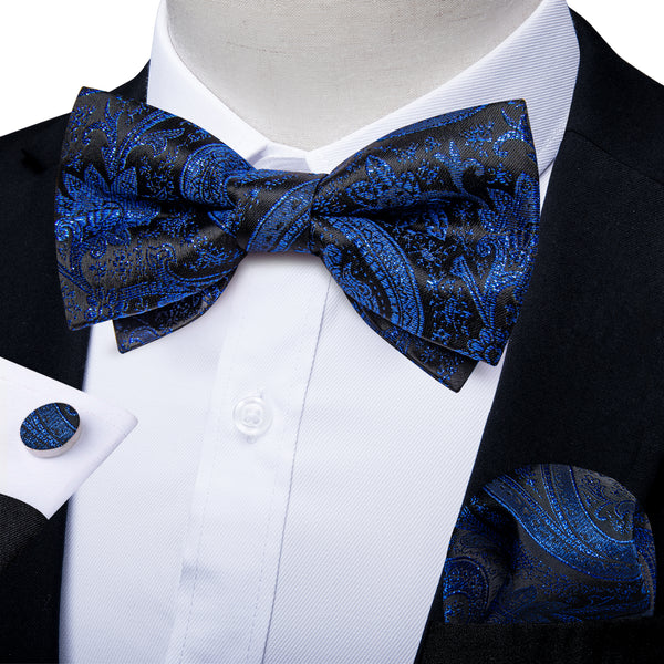Ties2you Men's Blue Paisley Bowtie Pre-tied Black Bow Tie Handkerchief Cufflinks Set