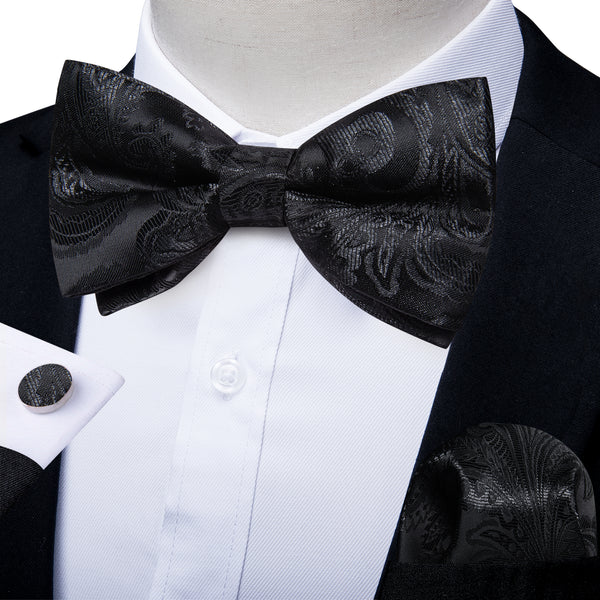 Ties2you Men's Paisley Black Bowtie Pre-tied Business Bow Tie Handkerchief Cufflinks Set