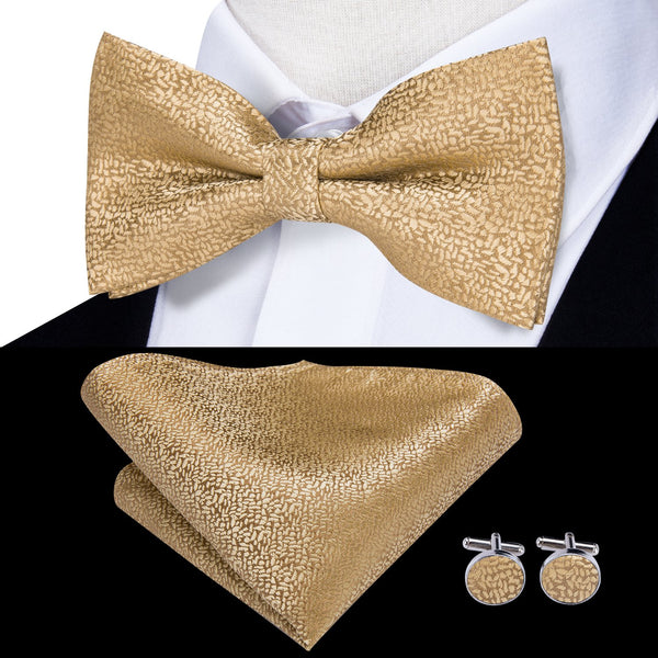 Solid Yellow Gold Dots Pre-tied Bow Tie Hanky Cufflinks Set