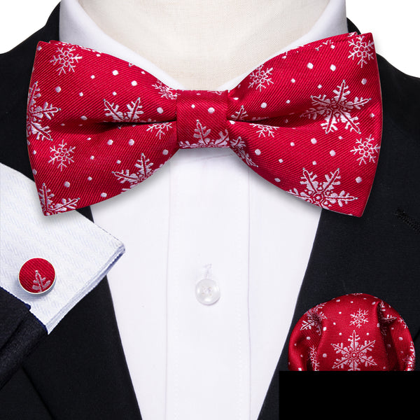 Christmas Red Snowflake Novelty Men's Pre-tied Bowtie Pocket Square Cufflinks Set