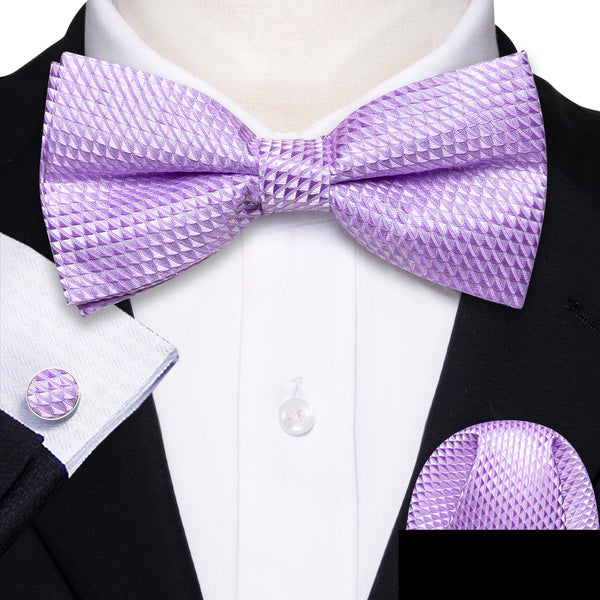 Light Purple Plaid Men's Pre-tied Bowtie Pocket Square Cufflinks Set