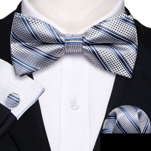 Grey Blue Striped Men's Pre-tied Bowtie Pocket Square Cufflinks Set
