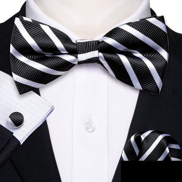 Black White Striped Men's Pre-tied Bowtie Pocket Square Cufflinks Set