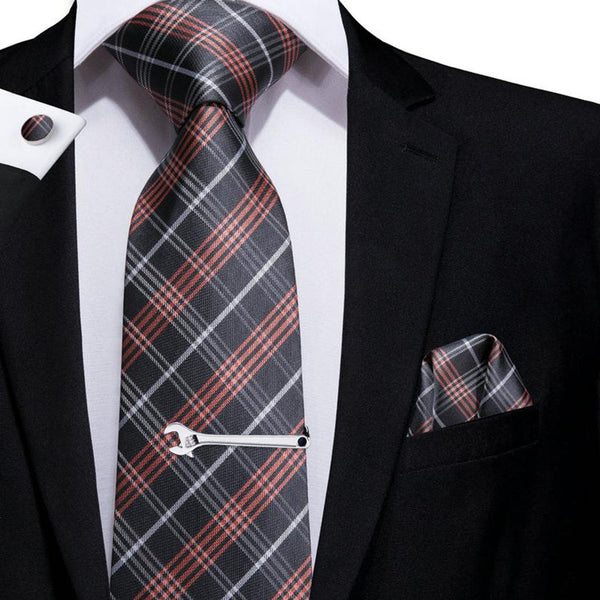 Brown Grey Plaid Tie Pocket Square Cufflinks Set with Tie Clip