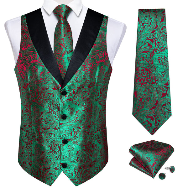 Black Collar Green Red Paisley Jacquard Silk Men's Vest Hanky Cufflinks Tie Set