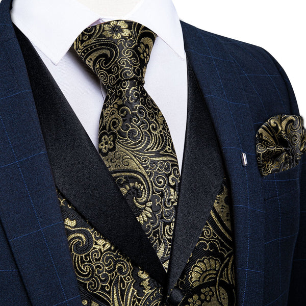 Black Collar Black Golden Paisley Jacquard Silk Men's Vest Hanky Cufflinks Tie Set