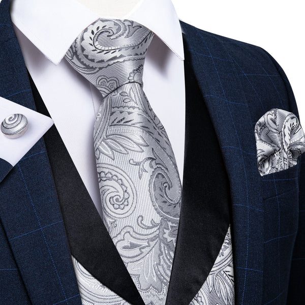 Fashion Black Collar Grey Paisley Jacquard Silk Men's Vest Hanky Cufflinks Tie Set