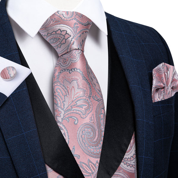 Fashion Black Collar Pink Paisley Jacquard Silk Men's Vest Hanky Cufflinks Tie Set