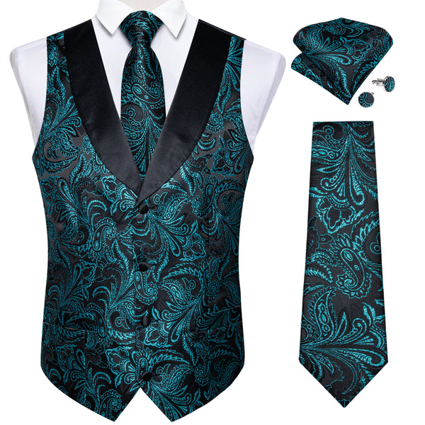 Teal Blue Paisley Black Collar V Neck Jacquard Silk Men's Vest Hanky Cufflinks Tie Set