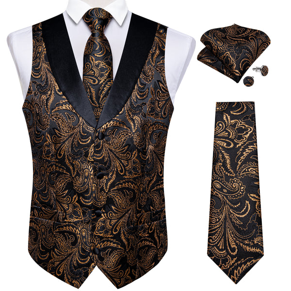 Black Golden Paisley Black Collar V Neck Jacquard Silk Men's Vest Hanky Cufflinks Tie Set