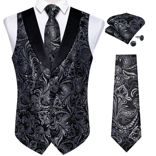 Black White Paisley Black Collar V Neck Jacquard Silk Men's Vest Hanky Cufflinks Tie Set