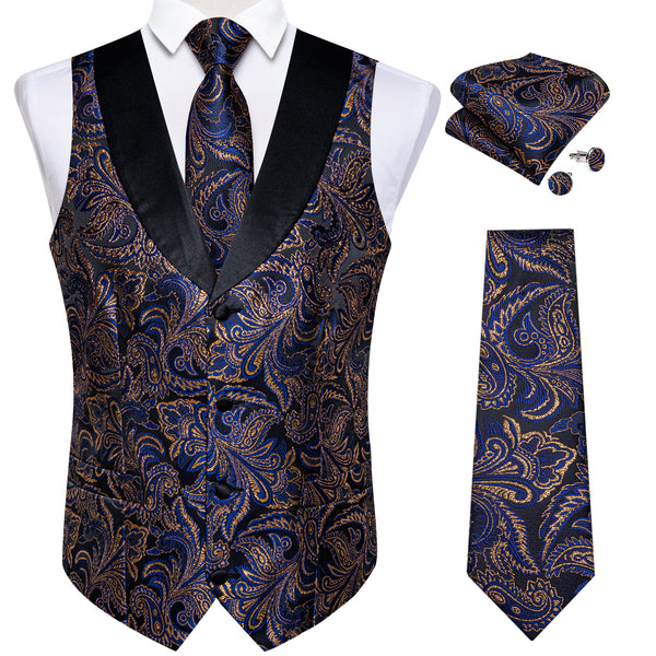 Blue Golden Paisley Black Collar V Neck Jacquard Silk Men's Vest Hanky Cufflinks Tie Set
