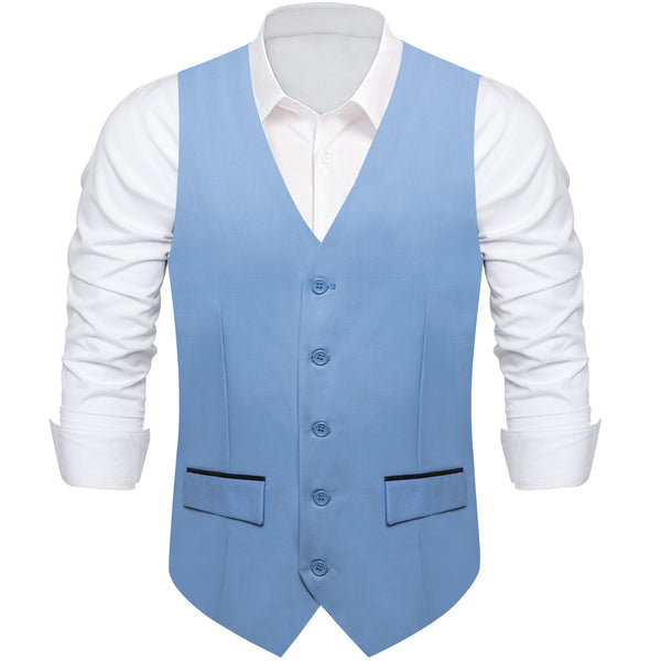 Sky Blue Solid Silk Men's Classic Vest with Two Pockets