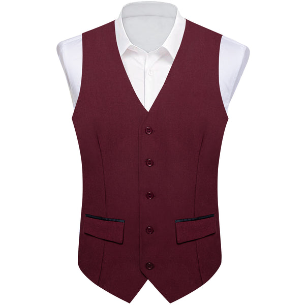 Burgundy Blue Solid Silk Men's Classic Vest with Two Pockets