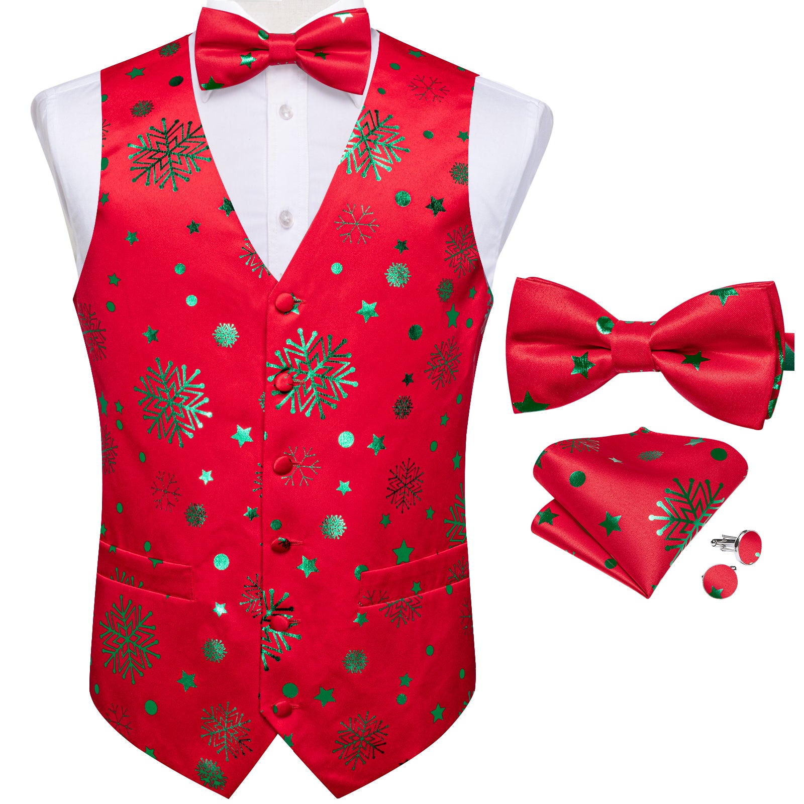 Christmas Red Green Pattern Novelty Jacquard Silk Men s Vest Bow Tie H christmas-red-green-pattern-novelty-jacquard-silk-men-s-vest-bow-tie-h