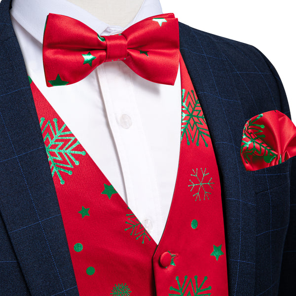 Christmas Red Green Pattern Novelty Jacquard Silk Men's Vest Bow Tie Handkerchief Cufflinks Set Waistcoat Suit Set