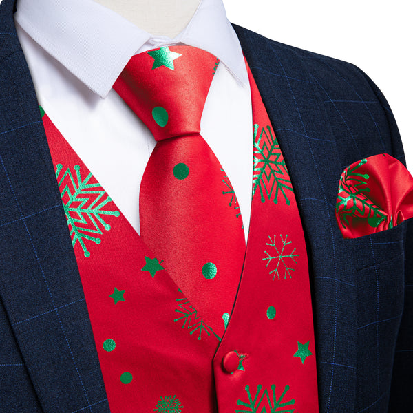 Christmas Red Green Pattern Novelty Jacquard Silk Men's Vest Hanky Cufflinks Tie Set