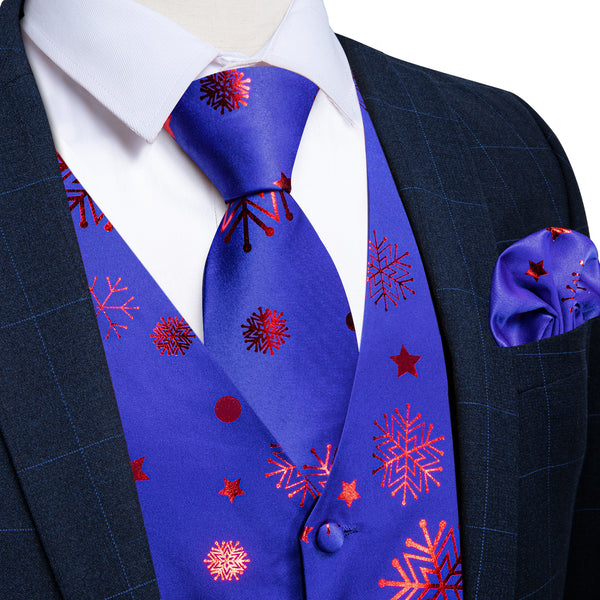 Christmas Blue Red Pattern Novelty Jacquard Silk Men's Vest Hanky Cufflinks Tie Set