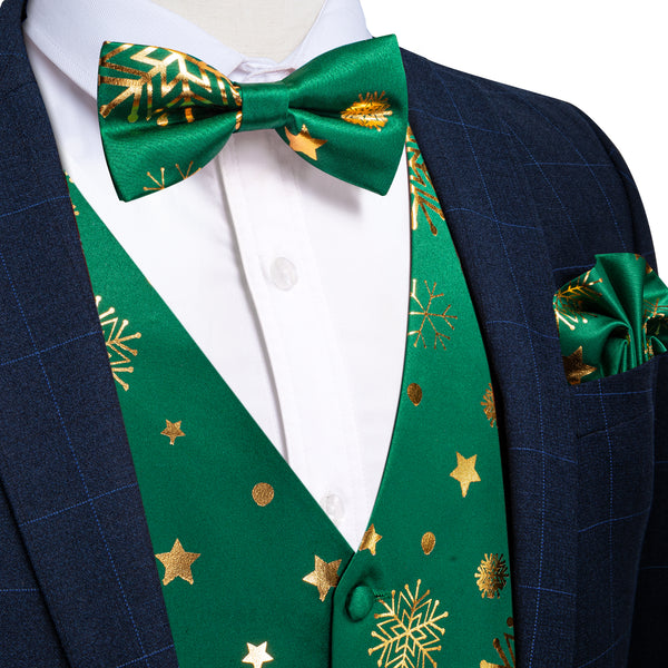 Christmas Green Golden Pattern Novelty Jacquard Silk Men's Vest Bow Tie Handkerchief Cufflinks Set Waistcoat Suit Set
