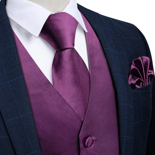 Ties2you Vest for Men Satin Dark Purple Solid Vest Tie Hanky Cufflinks Set