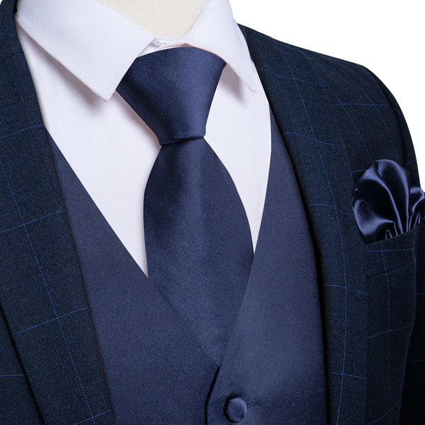 Dark Blue Solid Satin Men's Vest Tie Set