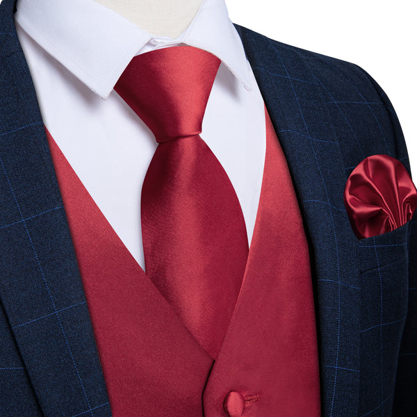 Dark Red Solid Satin Men's Vest Tie Set