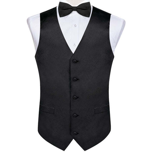 Satin Black Solid Men's Vest Bow Tie Set