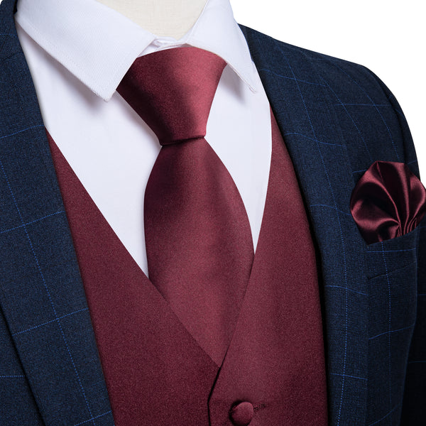 Burgundy Red Solid Satin Men's Vest Tie Set