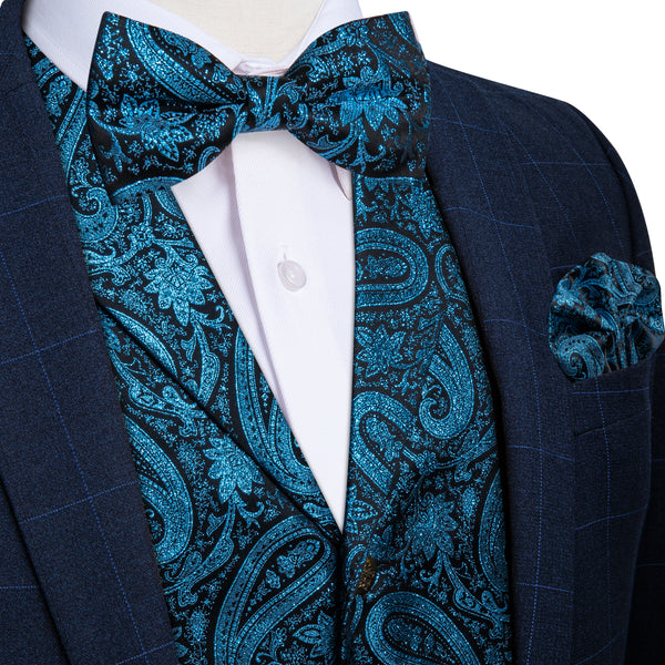 Lake Blue Paisley Jacquard Silk Men's Collar Vest Bow Tie Handkerchief Cufflinks Set