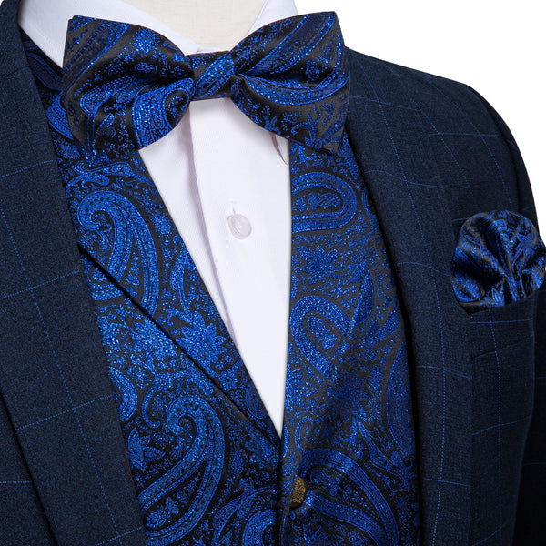 Navy Blue Paisley Jacquard Silk Men's Collar Vest Bow Tie Handkerchief Cufflinks Set