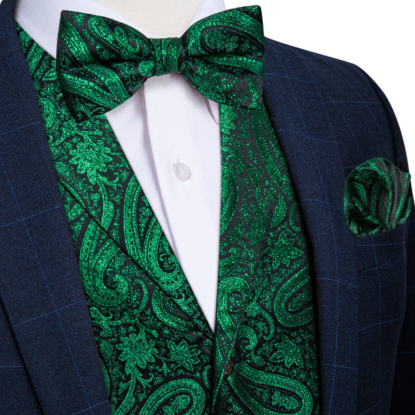 Emerald Green Paisley Jacquard Silk Men's Collar Vest Bow Tie Handkerchief Cufflinks Set