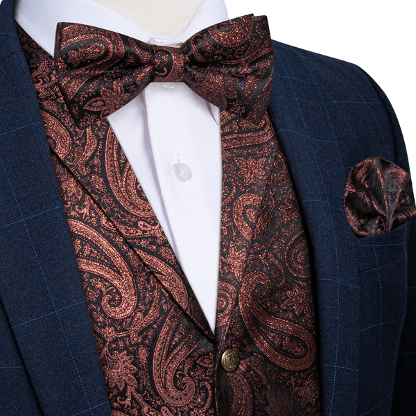 Brown Red Paisley Jacquard Silk Men's Collar Vest Bow Tie Handkerchief Cufflinks Set
