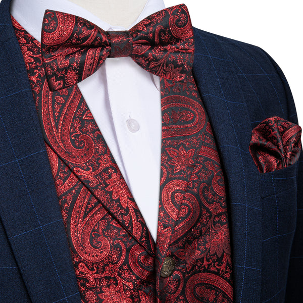 Black Red Paisley Jacquard Silk Men's Collar Vest Bow Tie Handkerchief Cufflinks Set